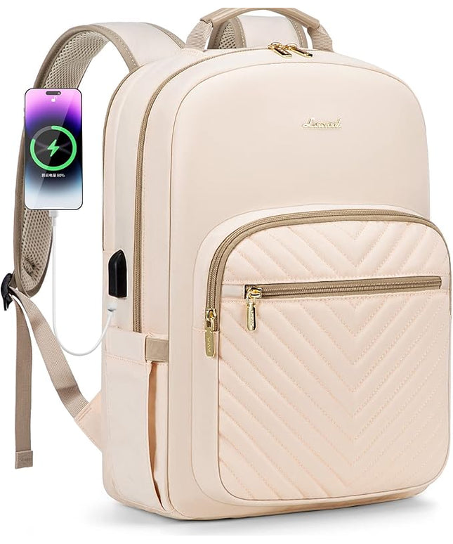 LOVEVOOK Laptop Backpack for Women 15.6 inch,Cute Womens Travel Backpack Purse,Professional Laptop Computer Bag,Waterproof Work Business College Teacher Bags Carry on Backpack with USB Port,Off-white