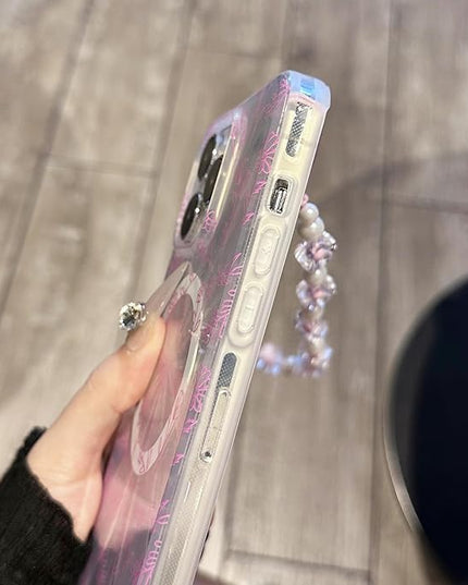 Compatible with iPhone 15 Pro Cases,Cute Flower Phone case with Floral Pearl Chain,Compatible MagSafe Silicone Shockproof Phone case for Women and Teenage Girls.