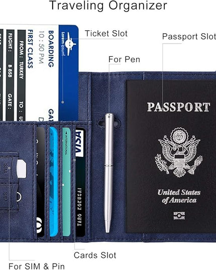 WALNEW Passport Holder for Travel, RFID Passport Cover Wallet for Women Men, PU Leather Passport Book Card Holder Case with Pen, Travelling Essentials for Flying
