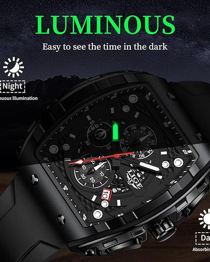 Mens Watches,Unique Rectangular Quartz Analog Watch,Outdoor Sports Multi-Function Watch,Chronograph/Waterproof/Luminous/Calendar,Durable Silicone Strap Mens Casual Watches