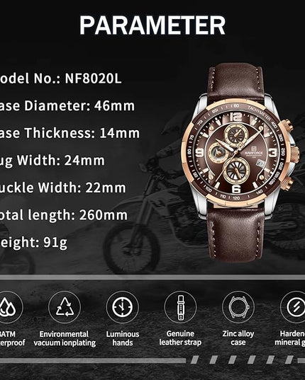 NAVIFORCE Sport Watches for Men Analog Quartz Chronograph Leather Strap Wrist Watch