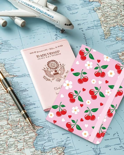 Cherry Passport Holder Cover Cute Flowers Pink Travel Wallet Passport Case with Credit Card Slots for Women Men Travelling Essentials for Flying
