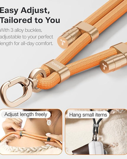 TORRAS Phone Lanyard Crossbody with 2 Phone Tabs, Adjustable Anti Theft Strap for All Cellphone, Premium Metal Buckles, Skin-Friendly, Universal Cellphone Neck lanyard for Travel Essentials, Orange