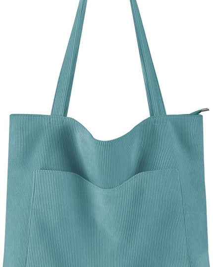 Prite Corduroy Tote Bag for Women Large Shoulder Bag with Zipper and Pockets for College Work Travel Shopping