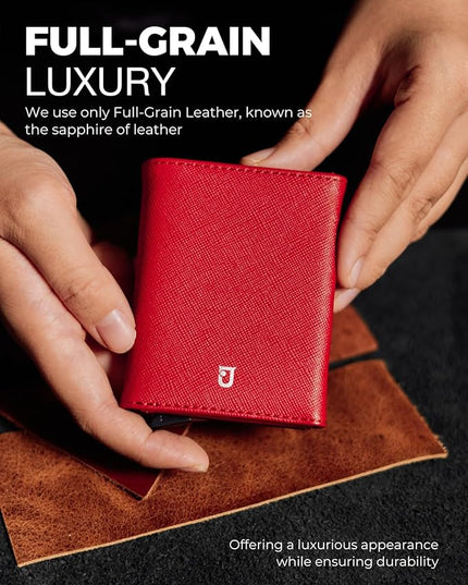 Jenoss Smart Wallet For Men & Women: Full Grain Leather, Handcrafted, Slide Metal Pop Up Case, Slim RFID Blocking Credit Card Holder Minimalist Compact 12 Cards Slot Organizers ID Clip (Red & Silver)