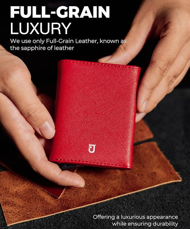 Jenoss Smart Wallet For Men & Women: Full Grain Leather, Handcrafted, Slide Metal Pop Up Case, Slim RFID Blocking Credit Card Holder Minimalist Compact 12 Cards Slot Organizers ID Clip (Red & Silver)