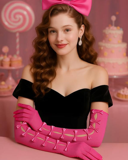 BABEYOND Lace Gloves for Women - Princess Gloves Long Stretchy Bow Mesh Tulle Sheer for Costume Opera Party