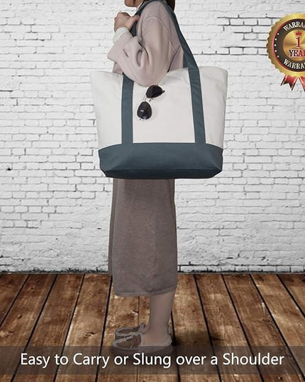 TOPDesign 3-Pack Canvas Tote Bags with an External Pocket, Reusable Grocery Shopping Bags, Top Zipper Closure, Daily Essentials (Grey/Natural)