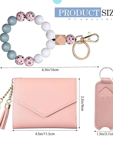 Weewooday Wristlet Bracelet Keychain Wallet Gift for Women Christmas Small Silicone Beaded Keyring Purse Leather Card Holder(Pink)