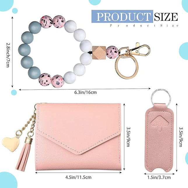 Weewooday Wristlet Bracelet Keychain Wallet Gift for Women Christmas Small Silicone Beaded Keyring Purse Leather Card Holder(Pink)