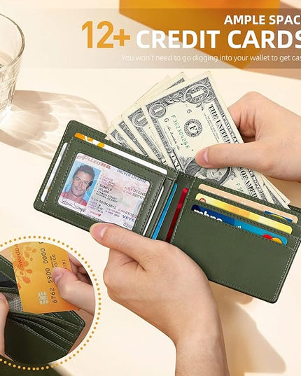 RUNBOX Wallet for Men Slim 11 Credit Card Holder Slots Leather RFID Blocking Small Thin Men's Wallet Bifold Minimalist Front Pocket Large Capacity Gift Box