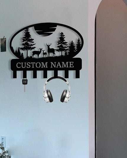 Personalized Metal Key Holder for Wall, Custom Metal Deer Cabin Key Hooks with Name, Name Letter Wall Decoration Key Hooks, Farmhouse Deer Sign, Key Rack for Kitchen, Key Organizer for Cabin Home Gift