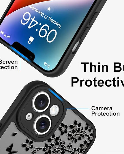 Cute Case for iPhone 14 Case with Stand [ Compatible with MagSafe ] Kawaii Black Cat & Floral & Butterflies Pattern Design 360 Magnetic Ring Kickstand Phone Cover for Women Girls Boys
