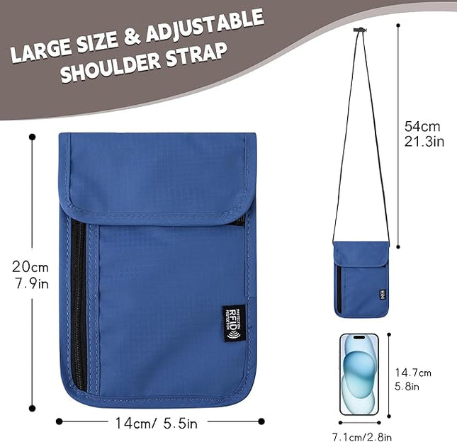 5.5" L x 7.9" W Travel Neck Wallet, RFID Blocking Passport Holder, Security Lightweight Passport Travel Wallet, Neck Pouch Gifts for Women Men(Blue)