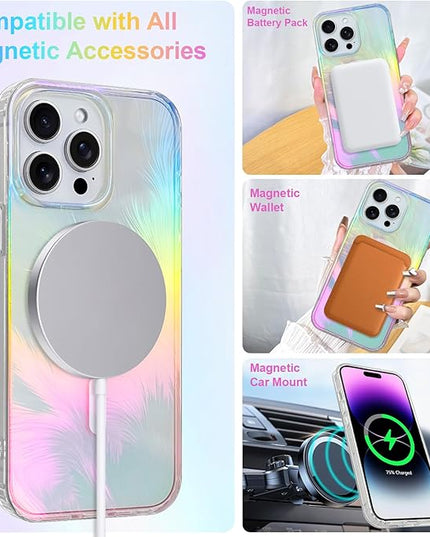 Glitter Case for iPhone 14 Pro Max Case for Women Girls [ Compatible with Magsafe ] Clear Cute Aesthetic Girly Iridescent Feather Sparkly Bling Magnetic Phone Cover, Gradient Blue & Pink