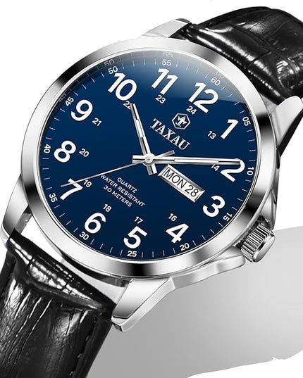 Men's Watches Leather Band Stainless Steel Quartz Analog Watch Luxury Waterproof Watches for Men Dress Men's Wrist Watch with Day Date Arabic Numeral Relojes para Hombre