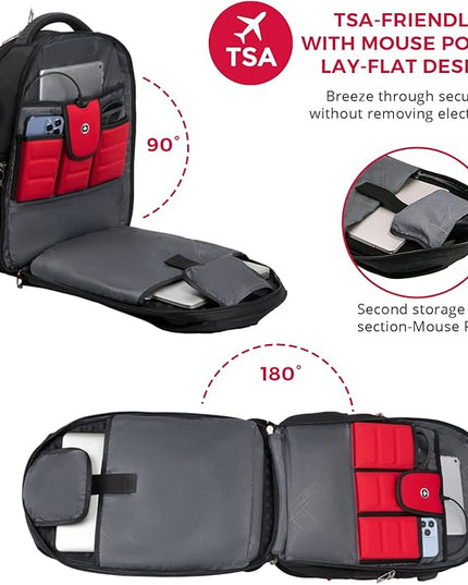 Swissdigital Design Travel Backpack for men, TSA Friendly USB Charging RFID Protection Business Backpack Fits 15.6" Laptops Black | J14-BR