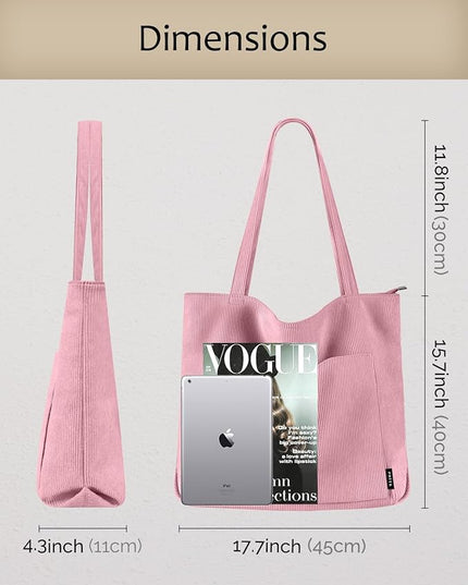 Prite Corduroy Tote Bag for Women Large Shoulder Bag with Zipper and Pockets for College Work Travel Shopping