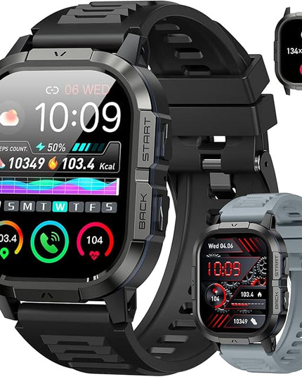 Smart Watch for Men Fitness Tracker: Make/Answer Call Military Smart Watches for Men Digital Watches Heart Rate Monitor Waterproof Running Smartwatch Android Phones iPhone Samsung Compatible 2 Bands