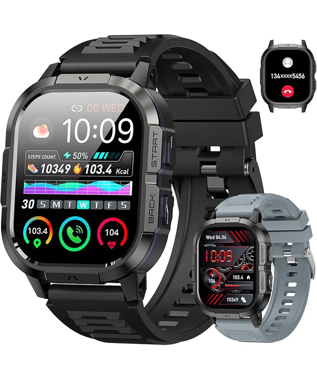 Smart Watch for Men Fitness Tracker: Make/Answer Call Military Smart Watches for Men Digital Watches Heart Rate Monitor Waterproof Running Smartwatch Android Phones iPhone Samsung Compatible 2 Bands