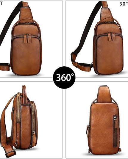 Genuine Leather Sling Bag Retro Crossbody Backpack Handmade Chest Shoulder Hiking Daypack Fanny Purse
