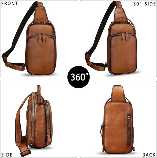 Genuine Leather Sling Bag Retro Crossbody Backpack Handmade Chest Shoulder Hiking Daypack Fanny Purse