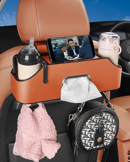 Car Seat Back Organizer - Stylish & Functional Storage for Family Adventures - Cup Holders, Tissue Box & Hooks - Perfect for Kids, Road Trips & Travel (Orange)