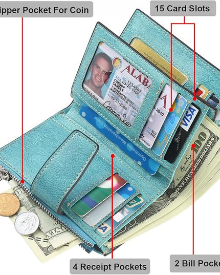 Lavemi Small Compact Women Wallet RFID Blocking Genuine Leather Bifold Purse with ID Windows