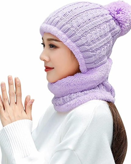 HUAMULAN Women Winter Beanie Hats One Piece Fleece Lined Knit Balaclavas Mask Set Skull Neck Circle Scarf Ski Snow Hat Pompom