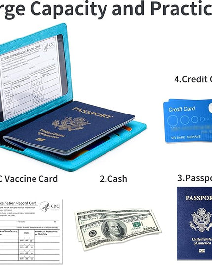 Passport Holder Cover Wallet Case RFID Blocking Leather Card Slot Travel Accessories Documents Organizer Protector for Women Men, Sky Blue