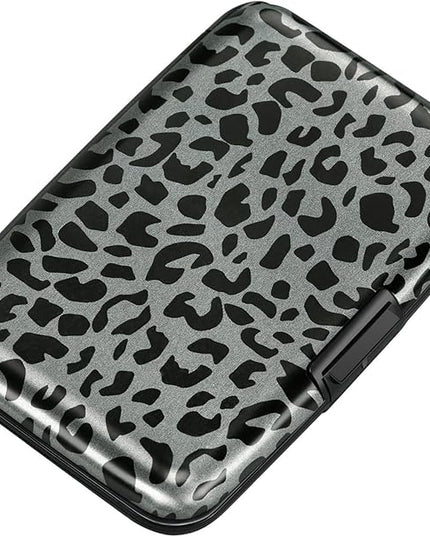 ELFISH Mini RFID Aluminum Wallet Credit Cards Holder Business Card Case Metal ID Case for Men Women(Black Leopard Print)