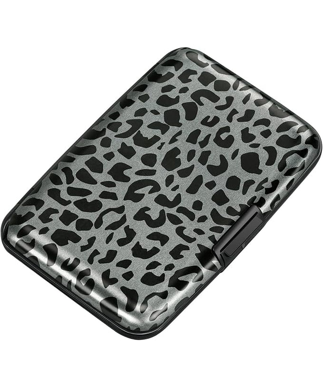 ELFISH Mini RFID Aluminum Wallet Credit Cards Holder Business Card Case Metal ID Case for Men Women(Black Leopard Print)