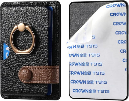 Wallet Stick on Phone Case, Credit Card Holder with Ring for Back of Phone Cases Flip Leather Wallet Sleeve Pouch Compatible with iPhone, Samsung Galaxy Android Most Smartphones Black
