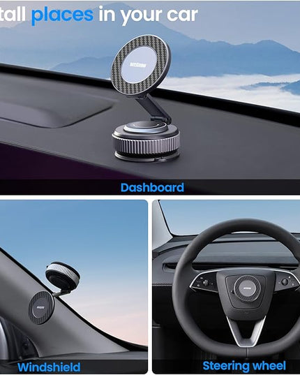 Magnetic Car Phone Holder for Magsafe, Alloy 360° Folding Cell Car Phone Mount with Ultra Stable Suction Cup and Reusable Gel, Dashboard Windshield Stand for iPhone 17-12 Android Pixel Samsung