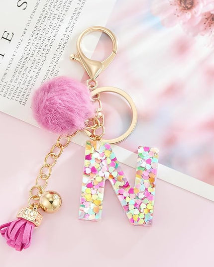 Resin Alphabet Initial Letter Keychain Keyring for Women Purse Handbags With Fur Ball Pom
