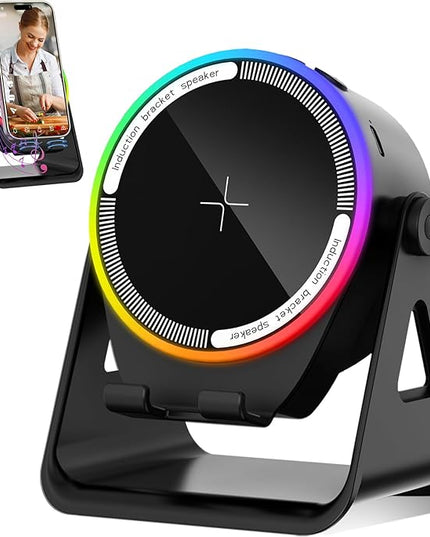 MRMORALE Wireless Induction Speaker, Multifunctional Bluetooth Phone Holder with RGB Light & 360 Rotation, HD Surround Sound, Compatible with iPhone/iPad/Android/Samsung