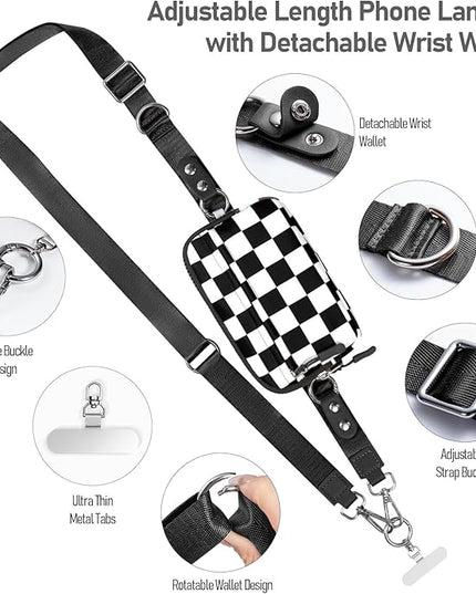 Clip and Go Strap for Phone with Wallet Crossbody Phone Lanyard and Detachable Checkered Bag with ID Window and RFID Pouch for Daily Travel.