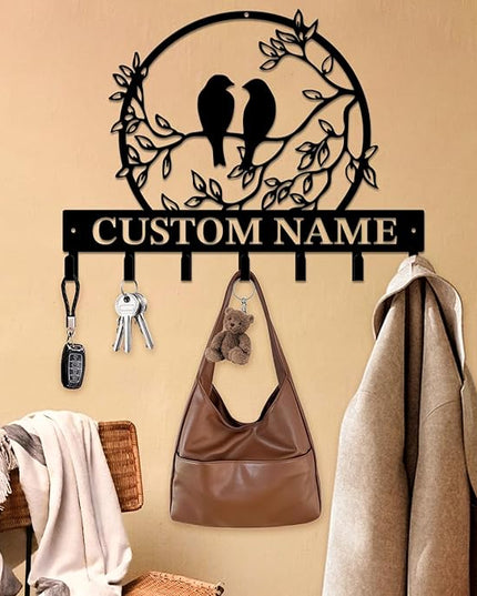 Personalized Custom Name Birds of Trees Wall Key Hooks,Metal Birds of Trees Art Clothes Hooks,Metal Birds of Trees Wall Home Storage Decorative,For Front Door, Hallway, Kitchen, Bedroom (Style F)