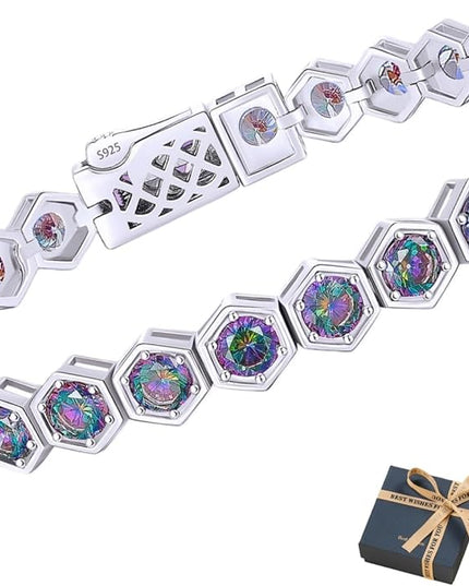 Birthstone Tennis Bracelets for Women Birthday Gifts 925 Sterling Silver Hexagon White Gold Bracelets Round Cut 5A Cubic Zirconia Prong Setting 7 Inch Anniversary Jewelry Gift