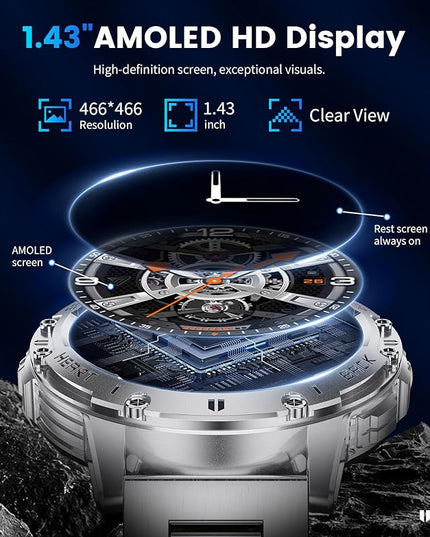 LIGE 1.43" AMOLED Smart Watch for Men with Flashlight, Bluetooth Calling, 100+ Sport Modes, 530mAh, IP68 Waterproof Fitness Tracker for Workout, iOS Android Compatible, Silver Steel