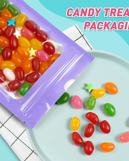 Funfery 300 Pack Smell Proof Resealable Bags for Food Storage,Holographic Bags 4x6 Purple Mylar Clear Packaging Bag- Scent Proof for Cookies, Zip Foil Pouch for Small Business