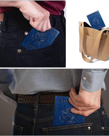 Passport Holder Cover Wallet Case RFID Blocking Leather Card Slot Travel Accessories Documents Organizer Protector for Women Men, Navy Blue