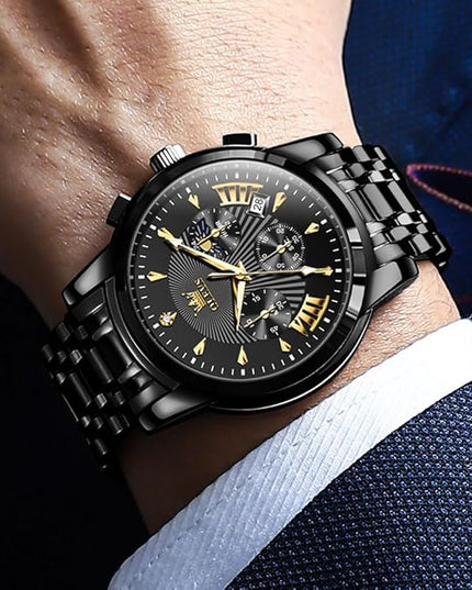 OLEVS Men's Luxury Watch Waterproof Luminous Easy Read Chronograph Watches Full Gold/White Dail/Black Face with Calendar Wristwatch
