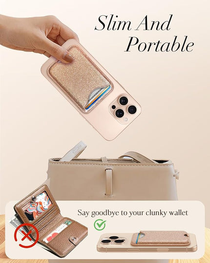 Shorogyt Compatible with Magsafe Wallet Magnetic Card Holder - Glitter Gold Phone Wallets for Women Teen Girls Fashion for iPhone 17/16/15/14/13/12 Series Slim for Apple Mag RFID Magnet, Fit 3 Cards