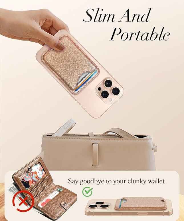 Shorogyt Compatible with Magsafe Wallet Magnetic Card Holder - Glitter Gold Phone Wallets for Women Teen Girls Fashion for iPhone 17/16/15/14/13/12 Series Slim for Apple Mag RFID Magnet, Fit 3 Cards