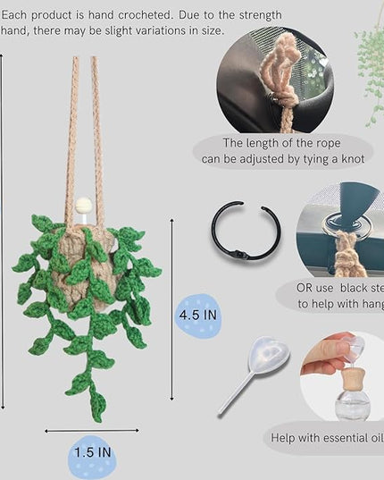 Handmade Crochet Hanging Car Air Freshener,12ml Empty Refillable Oil Diffuser Bottle with Crochet Hanging succulents Plant for Car Rearview Mirror for Home, and Office Hanging Diffuser Decor