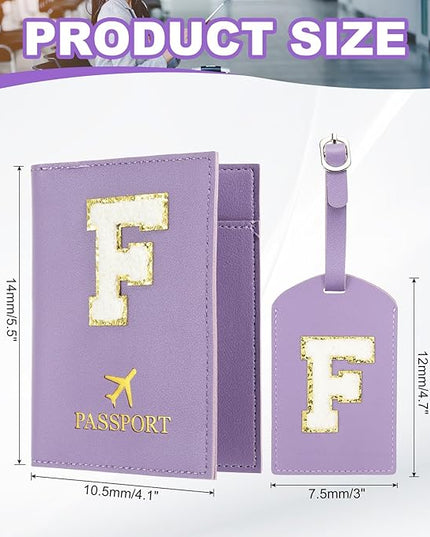 PATIKIL Passport Holder for Travel, Initial Passport Cover and Luggage Tag Set with Alphabet Chenille Letter Patch Travel Wallet Bag Suitcase Identifier for Women Family Travel Purple F