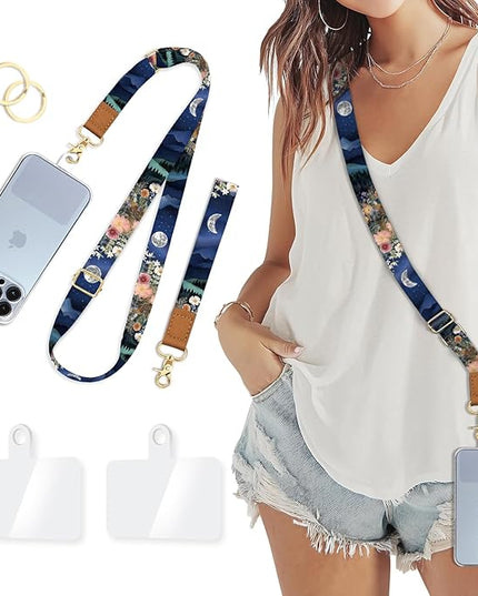 Phone Lanyard Crossbody Wrist Strap, Moon Mountain Flower Night Cell Phone Lanyards for Around the Neck Wristlet Shoulder, Adjustable Strap for Car Key Keychain Wallet Case ID Badge