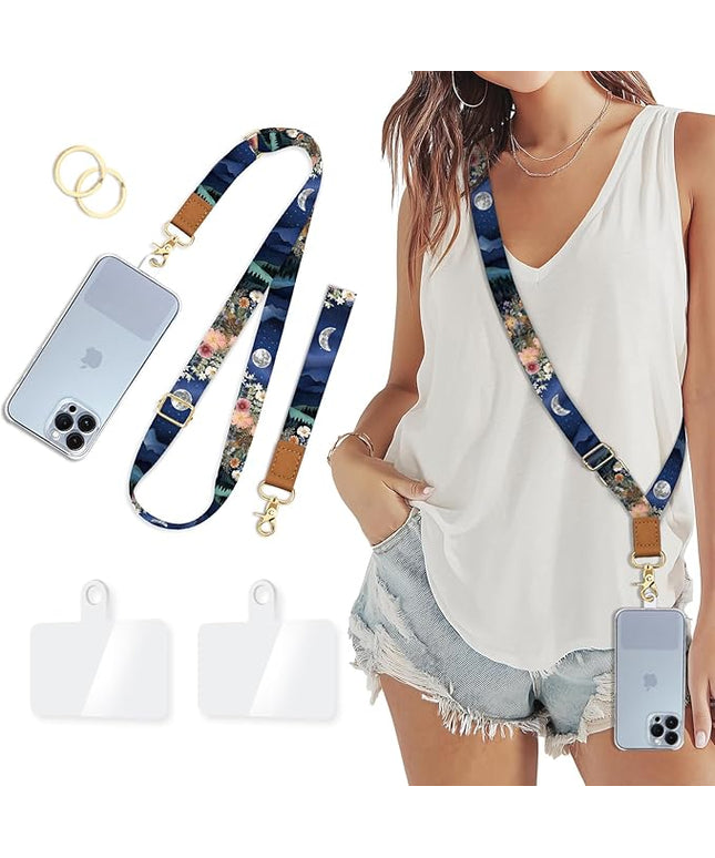 Phone Lanyard Crossbody Wrist Strap, Moon Mountain Flower Night Cell Phone Lanyards for Around the Neck Wristlet Shoulder, Adjustable Strap for Car Key Keychain Wallet Case ID Badge