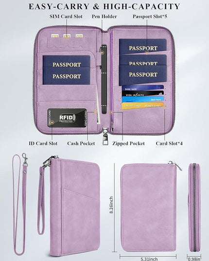 Family Passport Holder Wallet RFID Travel Document Organizer for Women Men, Portable Case Cover for Cards, Boarding Pass with Wrist & Neck Double Strap, Travel Christmas Gifts (Purple, 1pack)